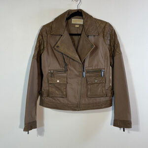 Michael Kors Brown Leather Cotton Moto Jacket Women’s Medium Zippers Pockets